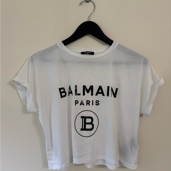 Balmain Tops - Balmain Authentic White Short Sleeve Crop Tee with logo. Never worn. Size XS